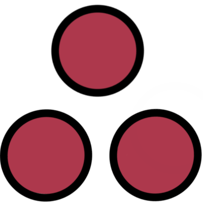Three red circles, arranged in a triangle pattern as on the 'three' face of a six-sided die or a domino.